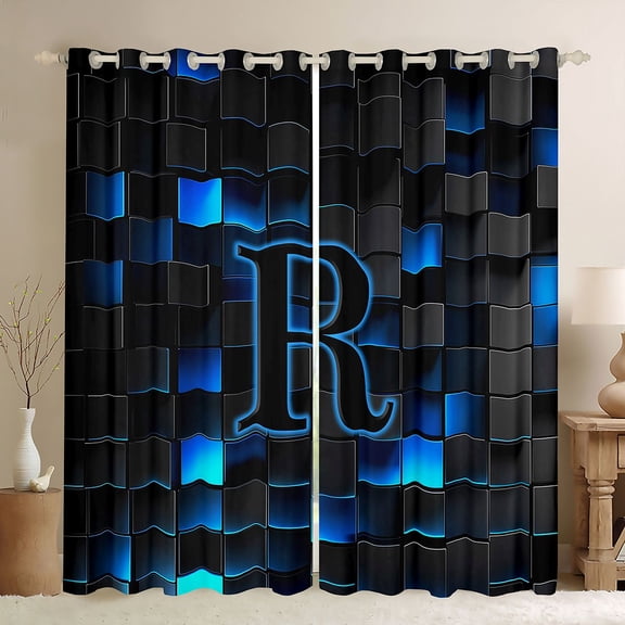 Erosebridal Abstract Letter Monogrammed R Black Out Curtains For Children Kids,Geometric Buffalo Plaid Curtains Pack of 2 (42x63 Each) For Teens Boys Girls