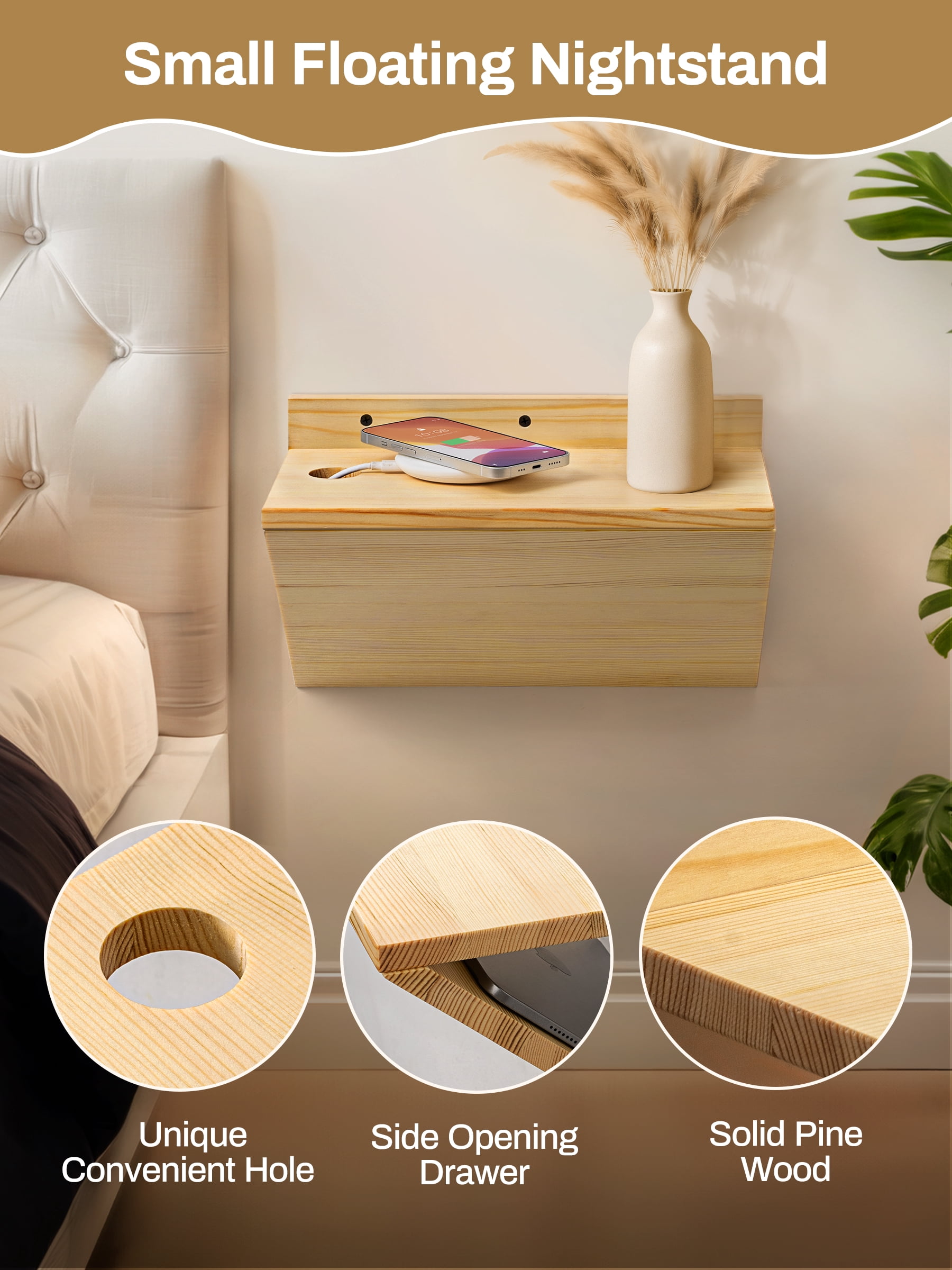 Gronda Floating Nightstand Set of 2, Solid Pine Wood Z-Shaped Wall Mounted Bedside Tables with Cable Hole, Modern Hanging Nightsatands for Bedroom