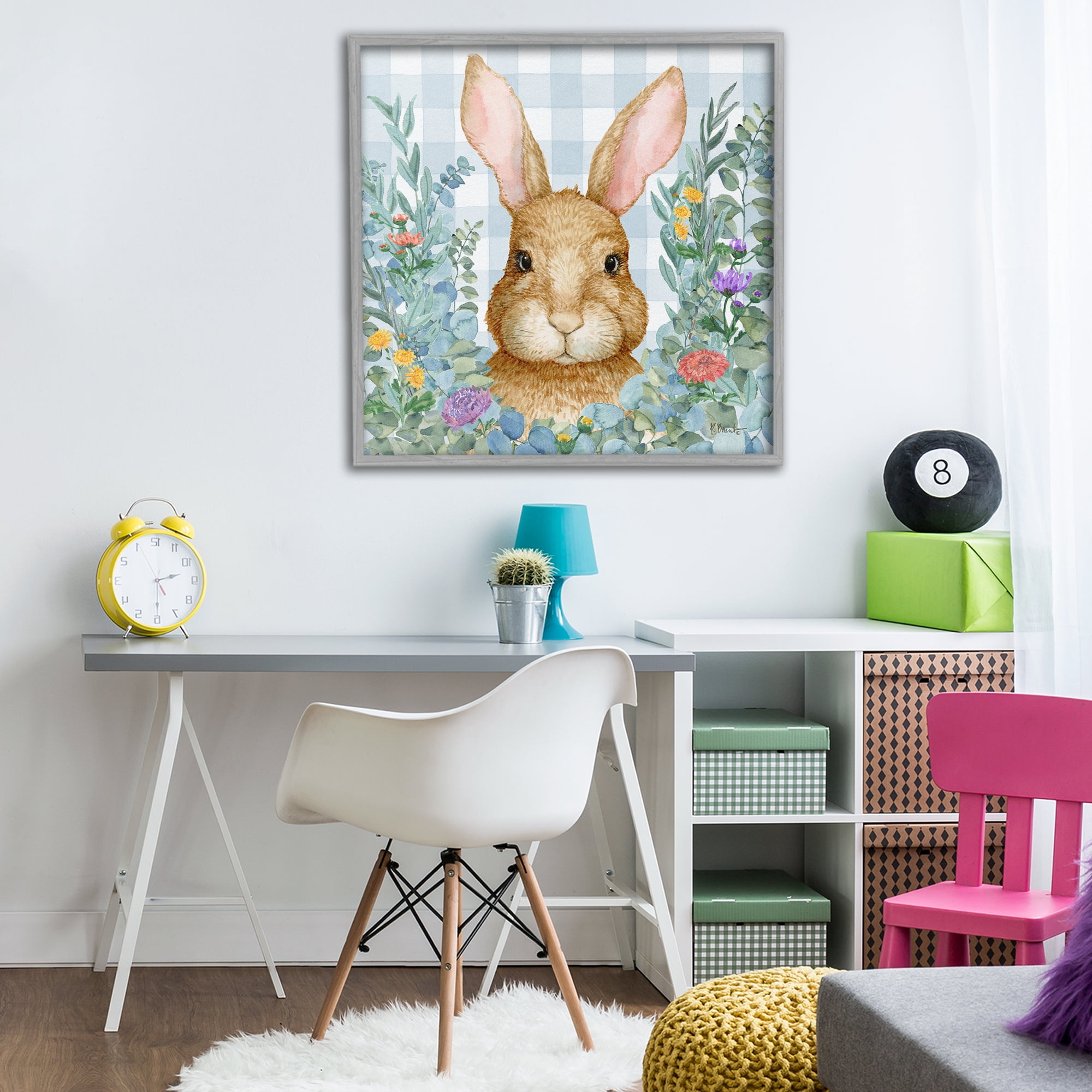 Stupell Industries Rabbit Laurel on Gingham Gray Framed Giclee Art, design by Paul Brent