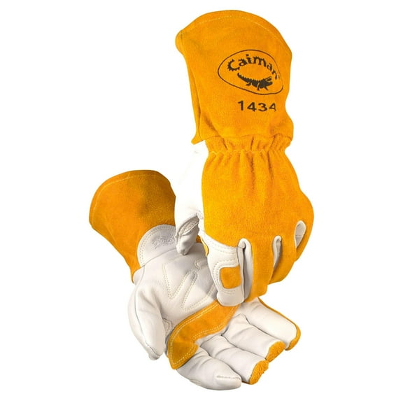 Caiman Premium Cow Grain MIG/Stick Welding Gloves, Cotton/Fleece Insulation, Kontour Design, White/Gold, Large (1434-5)