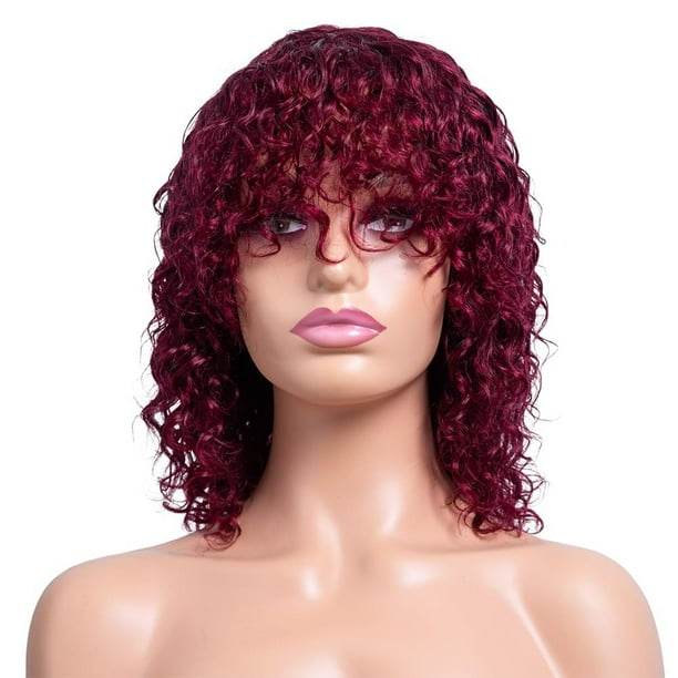 Peluca de mujer color vino tinto, corta y rizada, con flequillo y cabello rizado pequeño.