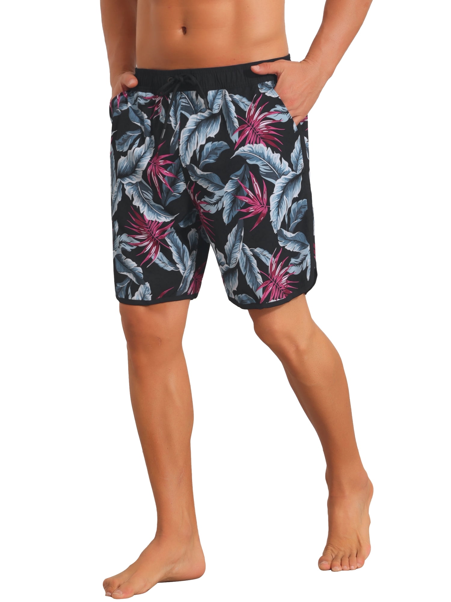 INSPIRE CHIC Men's Printed Elastic Liner Drawstring Swimming Shorts with Pockets 30 Black Red