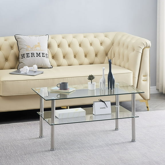 S&M Clear Glass Coffee Table, 2-Layer Sofa table with Storage Shelve for Living Room 39.4"Lx21.68"Wx17.32"H