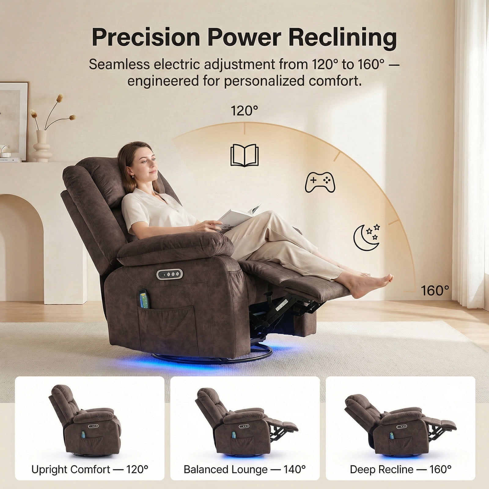 IPKIG Electric Power Recliner with Heat & Massage, 240° Swivel Rocking Chair for Living Room, LED Home Theater Recliner, Velvet Brown