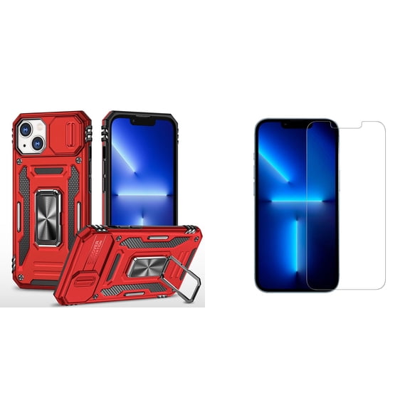 Bemz Hybrid Armor Case for iPhone 14 Plus (Rugged Protector with Camera Protection Cover and Rotating Ring Stand) with (2-Pack) Tempered Glass Screen Protectors - Red