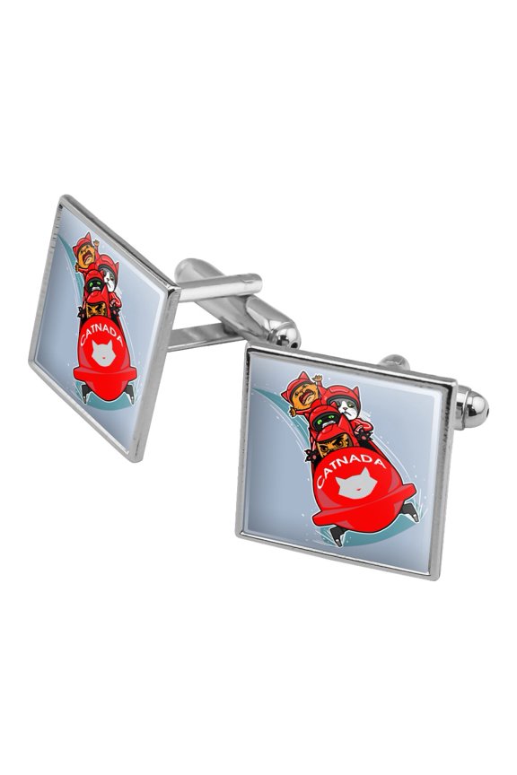 Cat Bobsleigh Bobsled Team Winter Sport Canada Square Cufflink Set - Silver or Gold