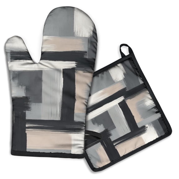 Black and Grey Abstract Art Artwork Kitchen Oven Mitt and Pot Holder Sets 2 Pcs for Baking, Cooking and Grilling, Heat Resistant Up To 392 °F