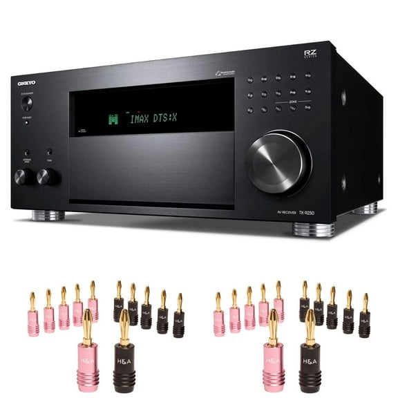 Onkyo TX-RZ50 9.2-Channel 8K/4K Network AV Receiver, 250W Per Channel at 6 Ohms   H&A Speaker Connector Banana Plugs, 12 Pairs