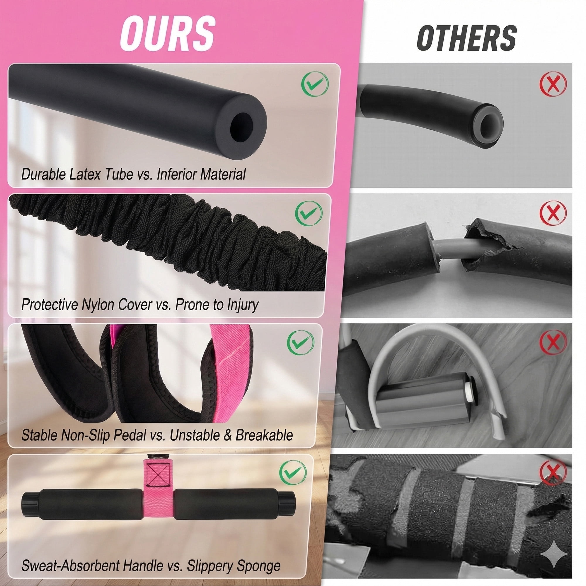 Pedal Resistance Band for Home Workout Sit Up Exercise Band for Core Legs Arms Pilates Training Pink