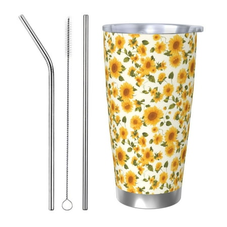 

Ocsxa Classical Cute Sunflower Pattern 20oz Travel Coffee Mug with Flip Lid Stainless Steel Insulated Insulated Coffee Mug Thermal Cup with Splash Proof Sliding Lid-Straw Three-piece Set