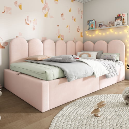 Upholstered Daybed with Storage, Twin Size Ottoman Bed Frame with Hydraulic Lift, Velvet Sofa Bed with Metal Slats for Small Spaces, Pink