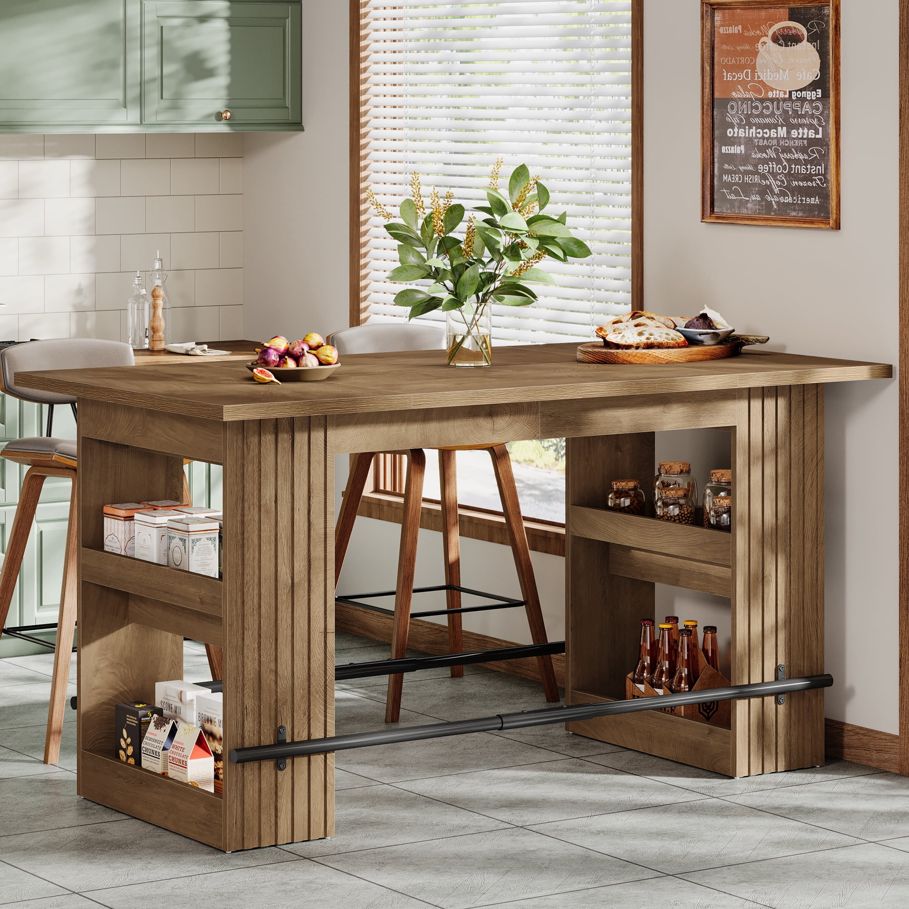Finmind 63-inch Kitchen Island with Storage Shelves, Industrial Wooden Stationary Island Table, Large Coffee Bar Table with Footrest, Rustic Brown