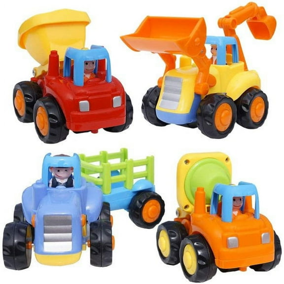Friction Powered Cars Push and Go Trucks Construction Vehicles Toys Set of Tractor Bulldozer Dump Truck Cement Mixer for Baby Toddlers Infants Boys Gifts