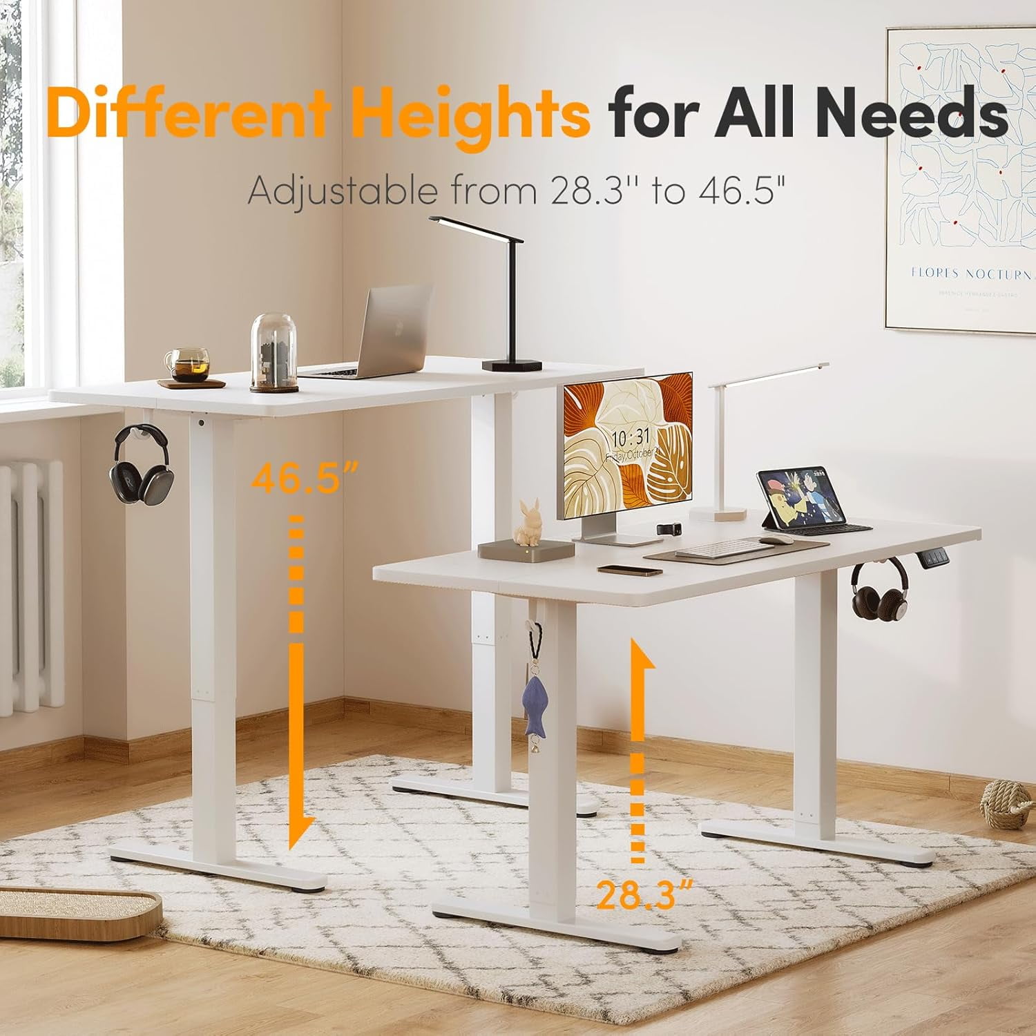 CUIBIKER 48'' Standing Desk, Electric Stand up Height Adjustable Home Office Table, Sit Stand Desk with Splice Board, White