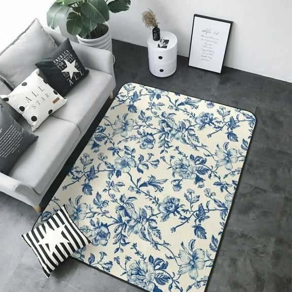 Area Rugs For Living Room Decor - Vintage Blue Floral Soft Anti Slip Throw Washable Rugs 5x7 For Bedroom, Indoor Carpet For Bedroom Living Room 80x58In