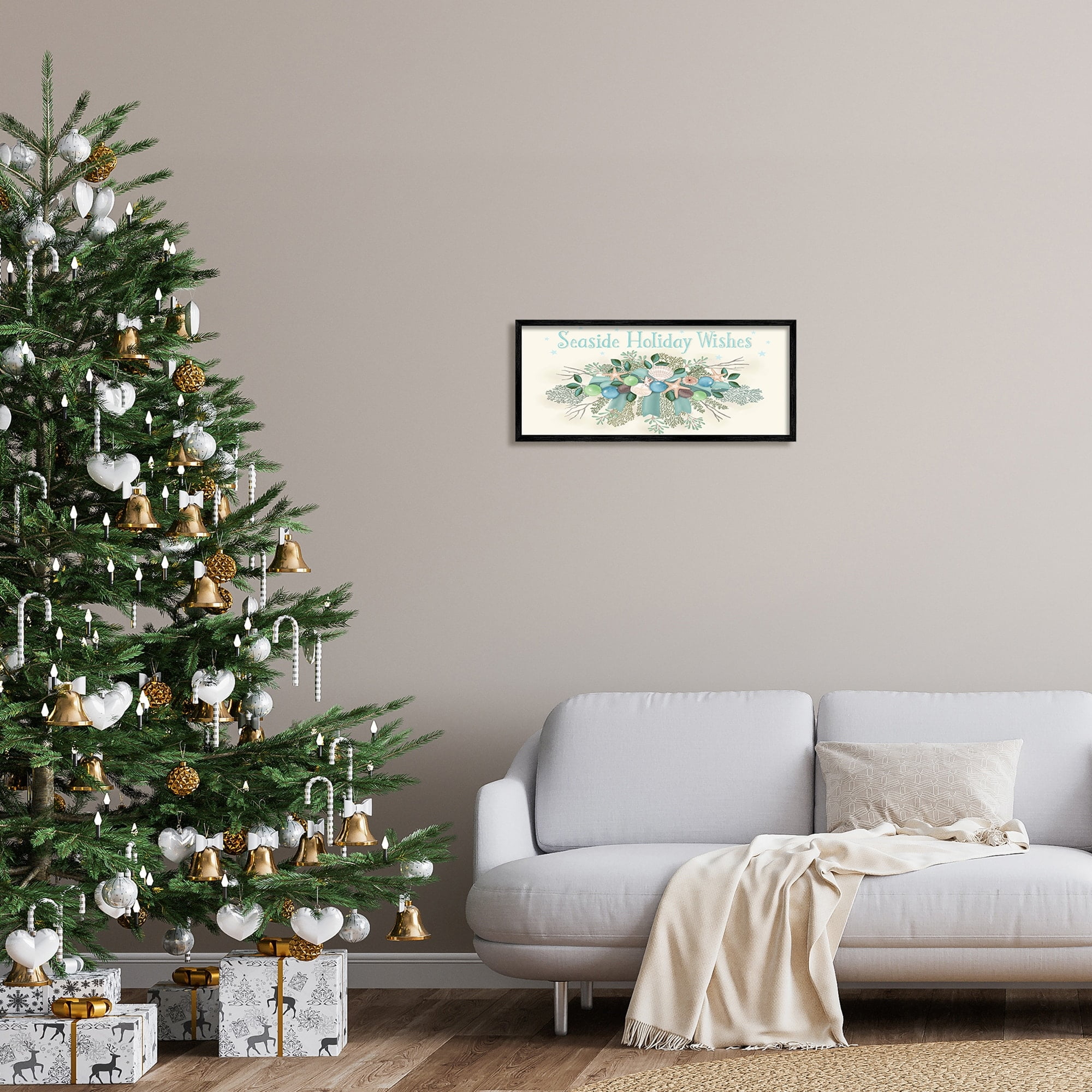 Seaside Holiday Wishes Beach Coral Seashells Arrangement Coastal Graphic Art Framed Art Print Wall Art