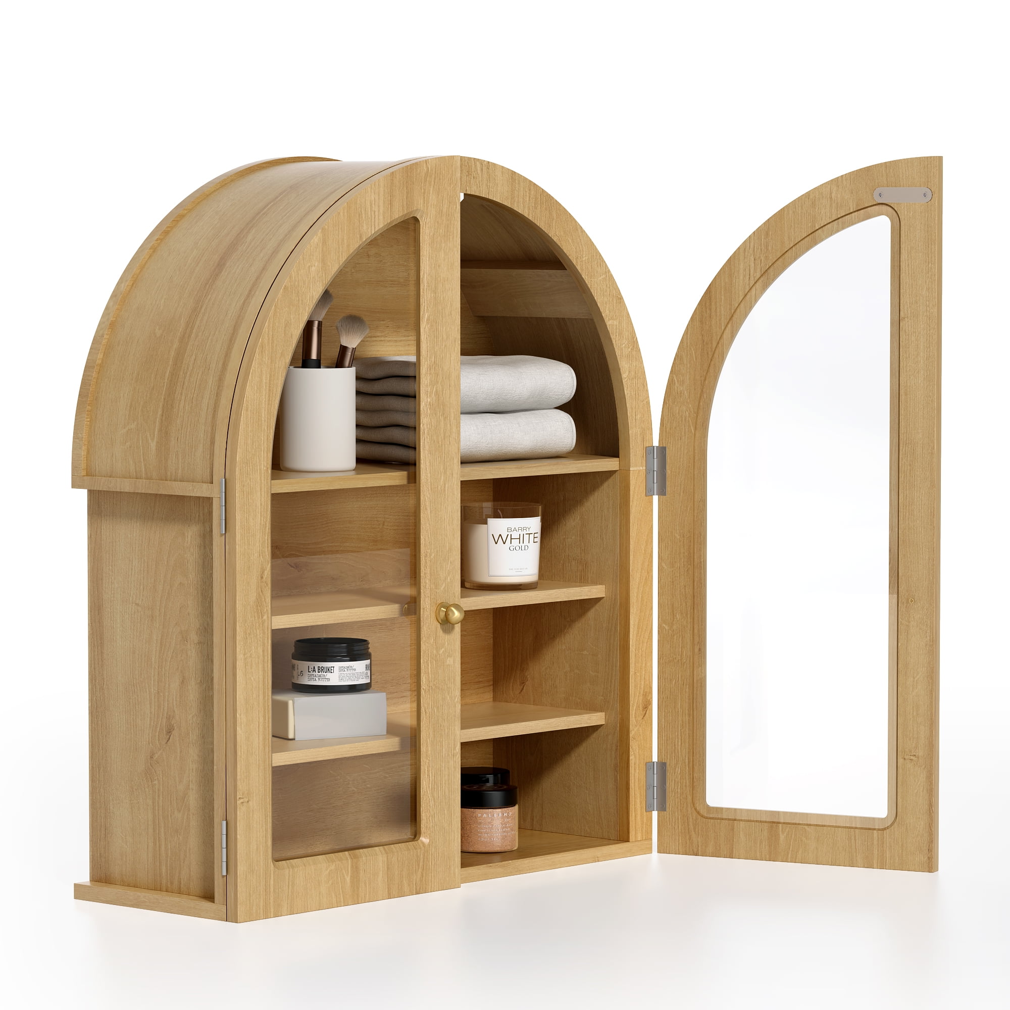 EYYTHUNG Large Arched Wall Cabinet, Bathroom Medicine Cabinet Cupboard with Adjustable Shelf, Natural Oak
