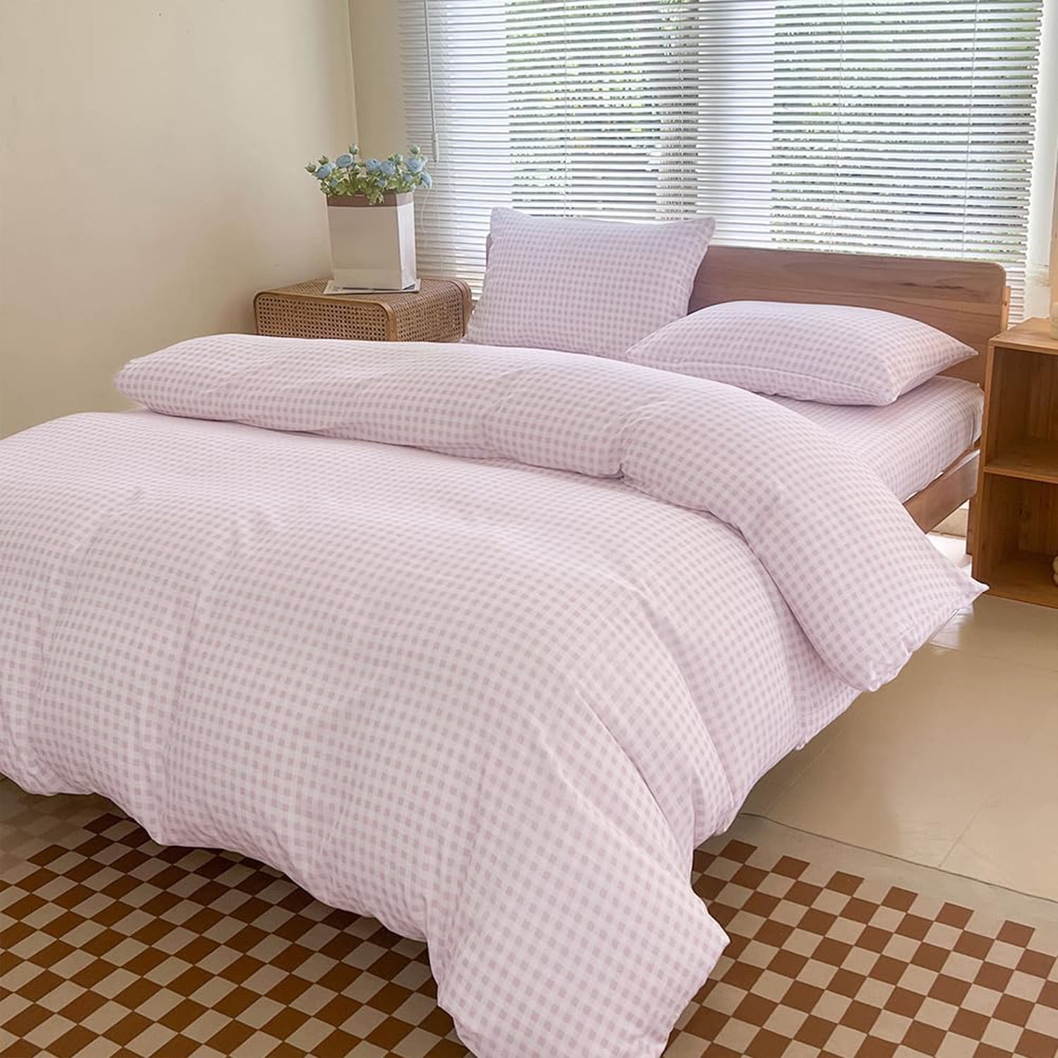 Pink Gingham King Duvet Cover Set, Pink Plaid Comforter Cover Set, 3 Pieces Checked Bedding Set (Pink Gingham, King)