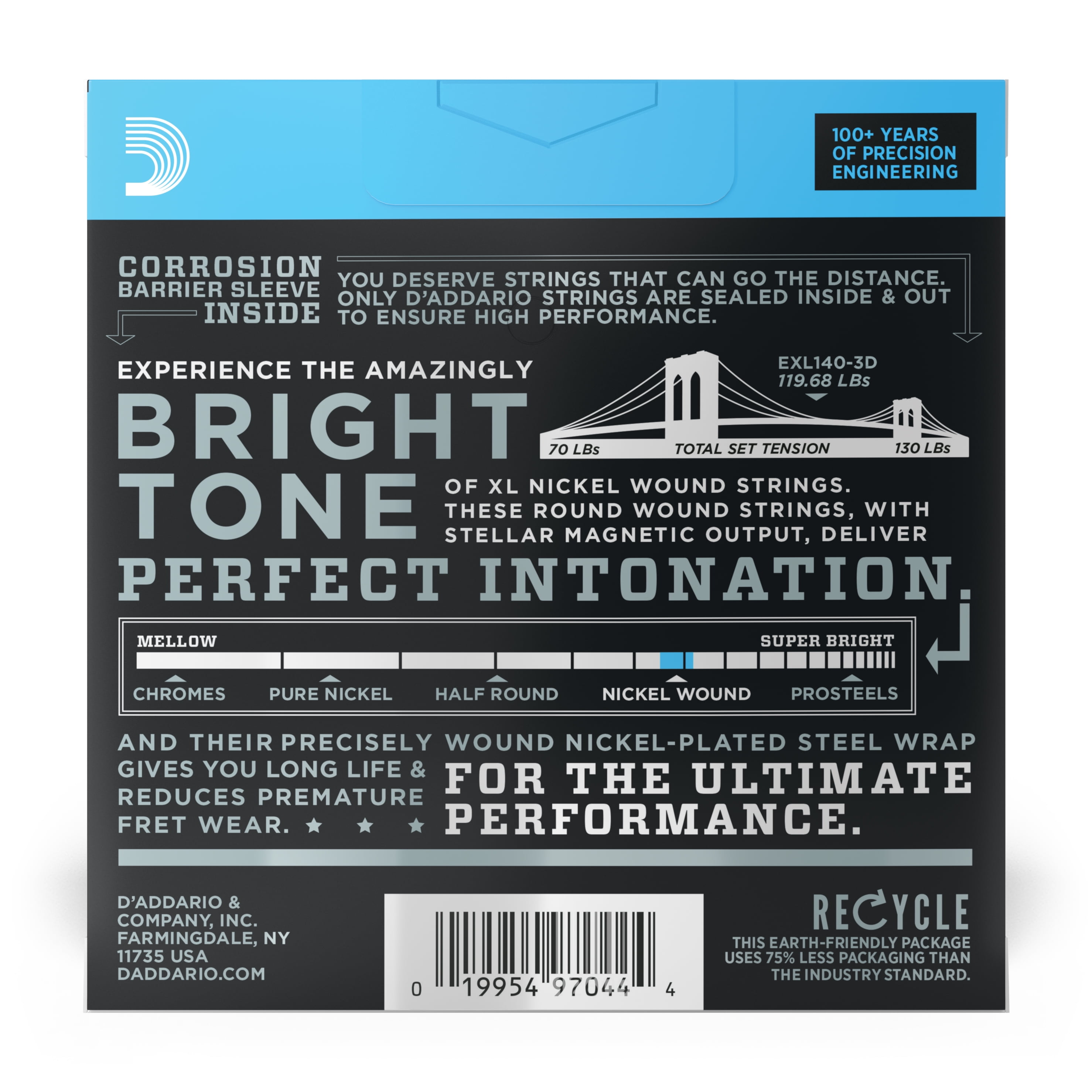 D'Addario EXL140-3D Nickel Wound Electric Guitar Strings, Light Top/Heavy Bottom, 10-52, 3 sets