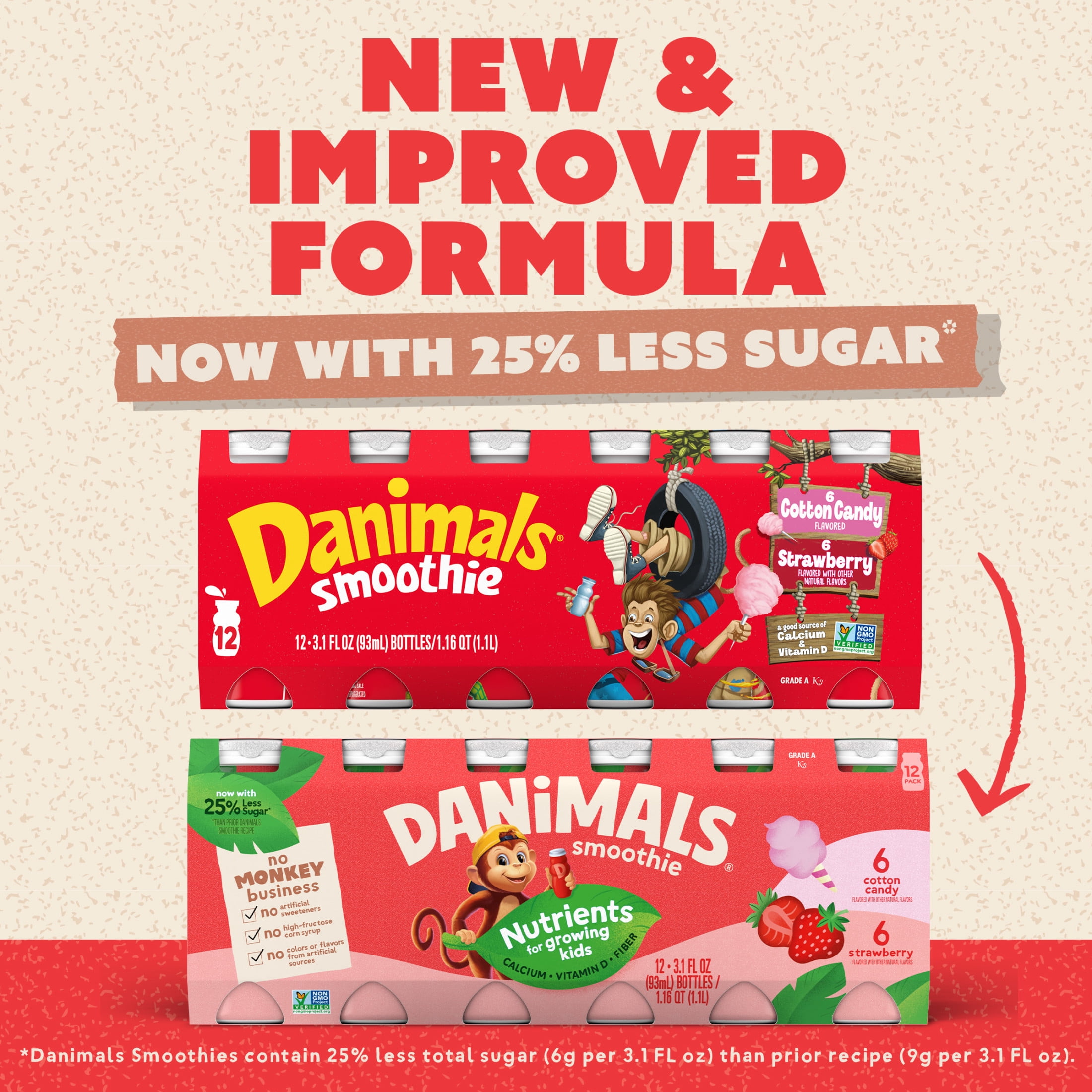 Danimals Smoothie Strawberry and Cotton Candy Low Fat Dairy Drink Smoothie Bottles Multi-Pack, 3.1 fl oz, 12 Count​