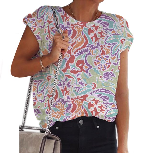CHGBMOK Plus Size Summer Tops pour Femmes Mode Manches Courtes Impression O-Cou T-shirt Blouse Décontractée Tops Plage d'Été Tops sur l'Autorisation