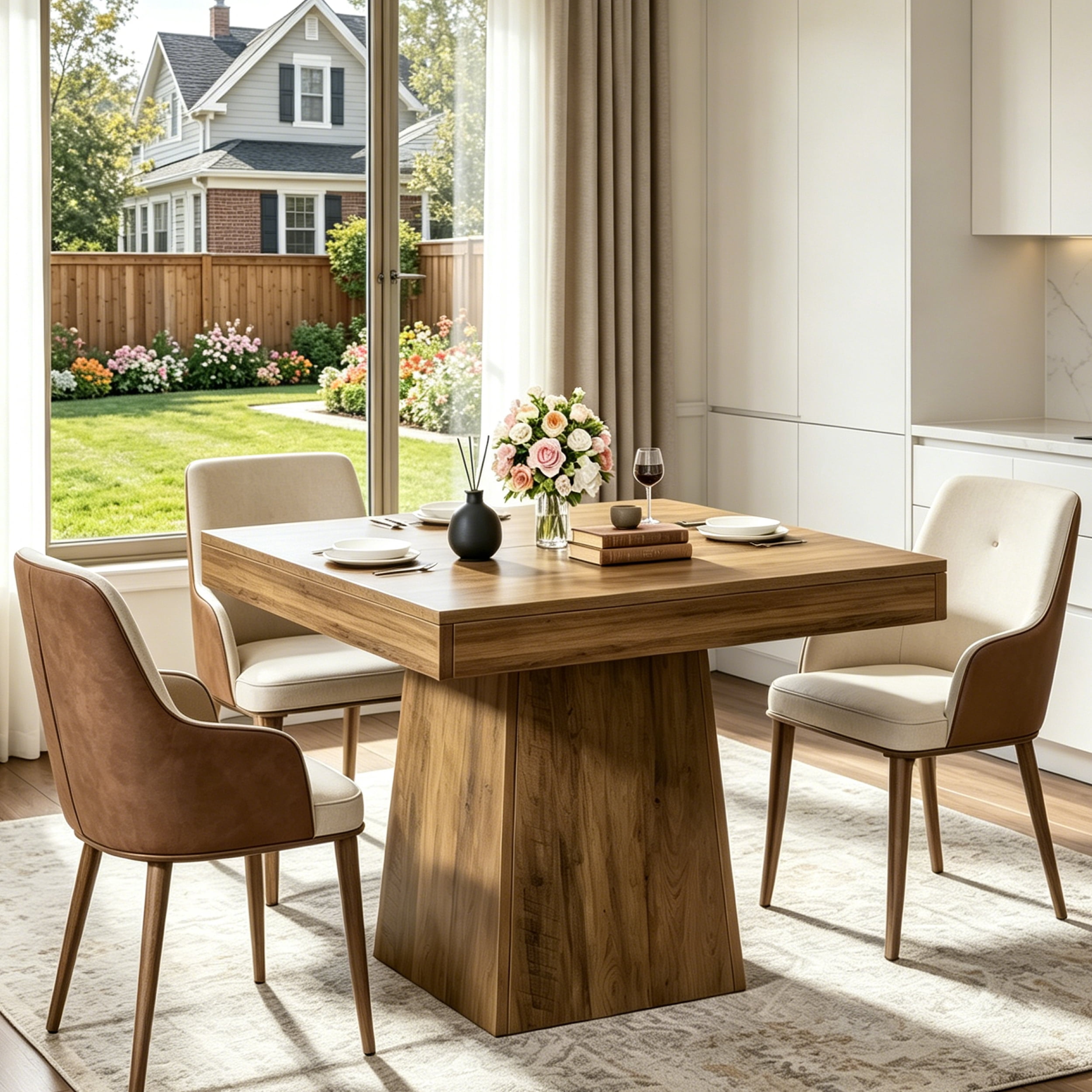 Fnova 31.5" Square Farmhouse Dining Table, Wood Coffee Table for 4 People, Modern Kitchen Table for Dining Room, Brown (Chairs Not Included)