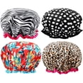 thumbnail image 1 of Gorro de ducha para mujer, gorro de ducha satinado de doble capa, gorro de ducha impermeable, gorro de ducha infantil reutilizable, resistente al moho, 4 piezas, 1 of 5