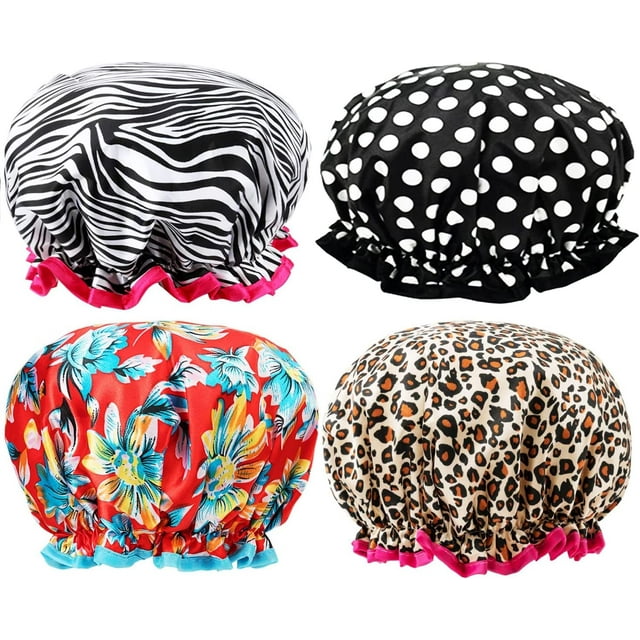 Gorro de ducha para mujer, gorro de ducha satinado de doble capa, gorro de ducha impermeable, gorro de ducha infantil reutilizable, resistente al moho, 4 piezas