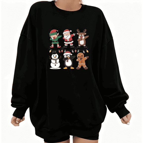 Christmas Dabbing Santa Elf Graphic Comfortable Tee T-Shirt Top Print Round-neck long-sleeved Black S-3XL