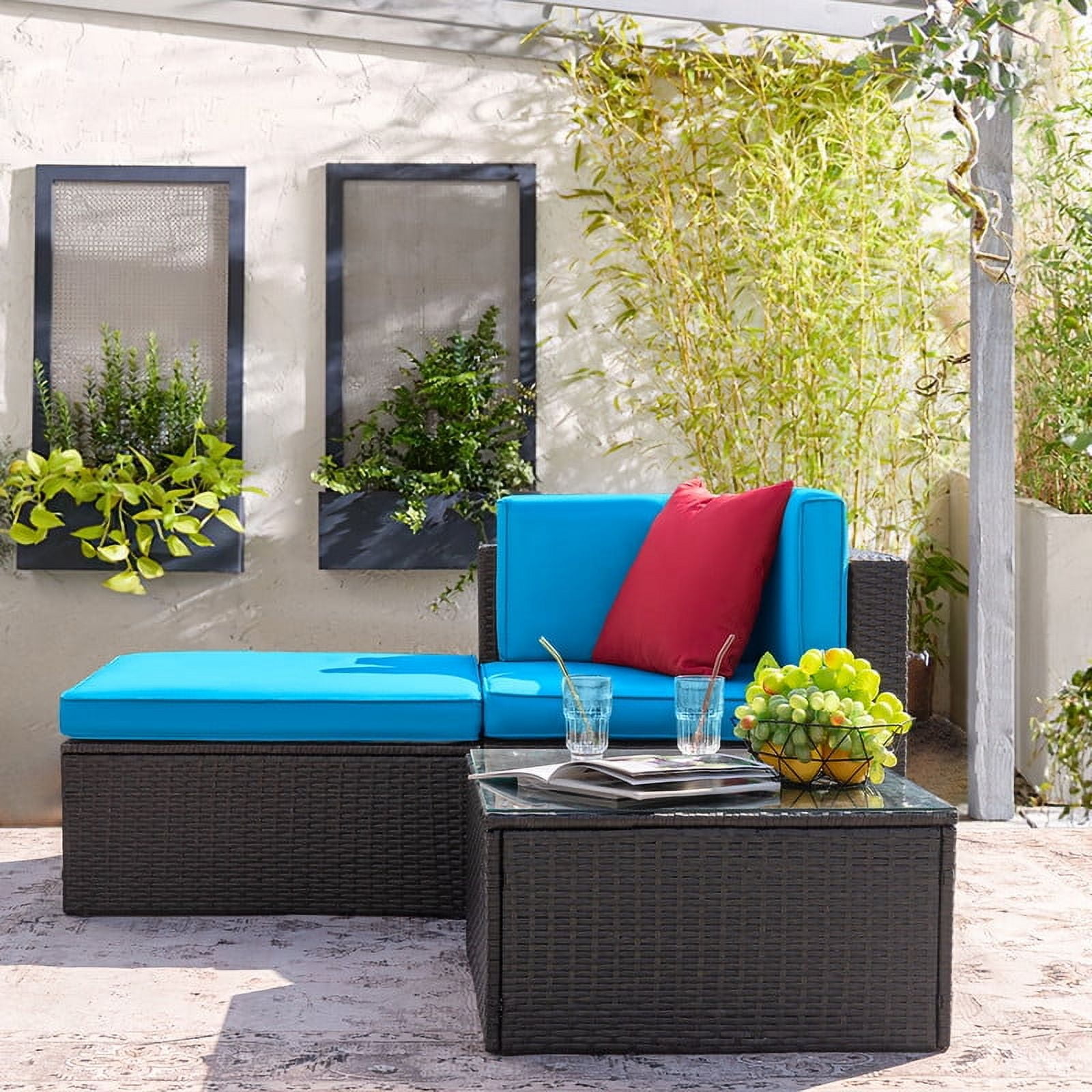 Devoko Outdoor Sectional Sofa PE Rattan Patio Furniture Sets with Cushions and Table,Blue