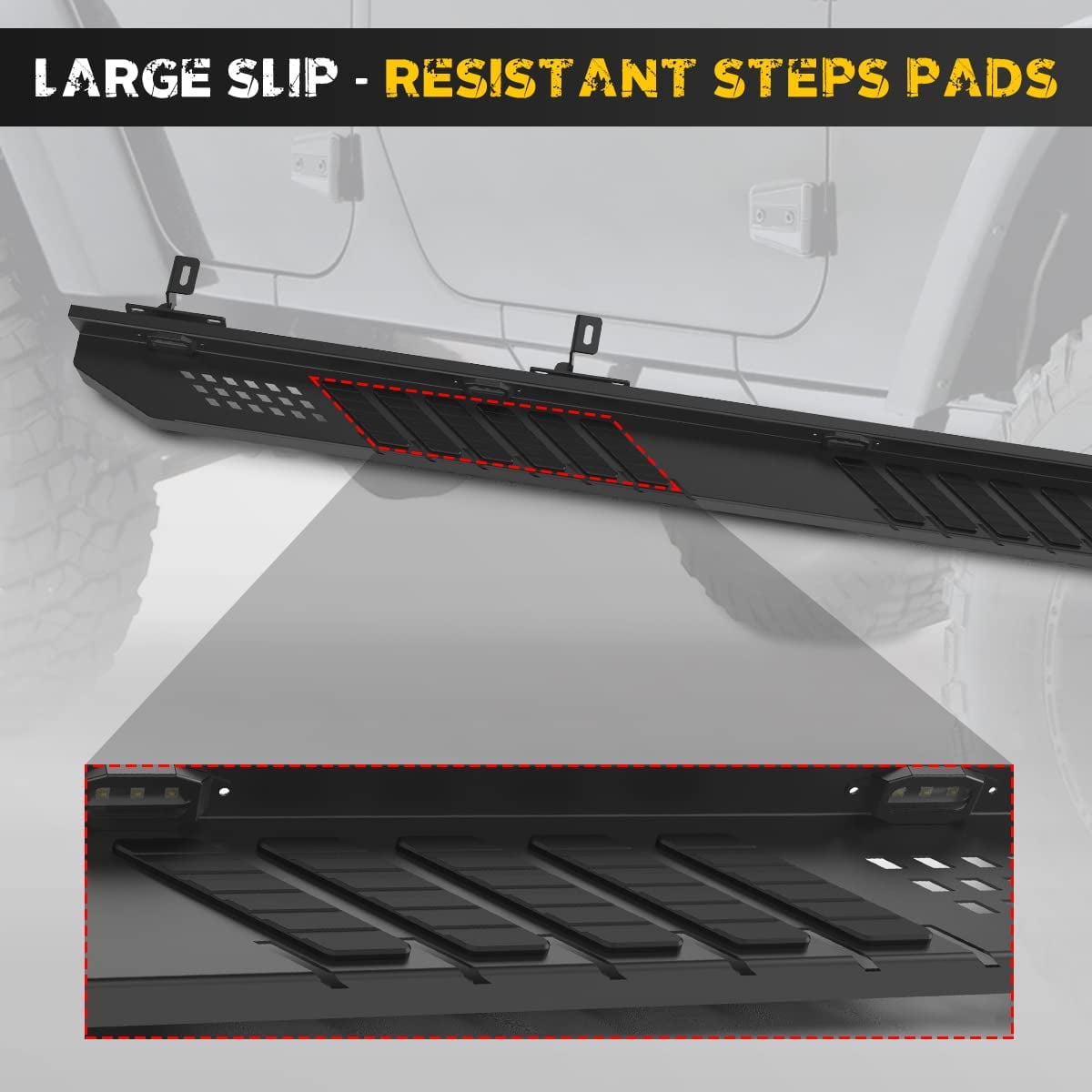 WOLFSTORM Running Boards Side Steps with LED Light for Jeep 2019-2023 JT Gladiator Pickup Trucks|6" Wide Rock Slider Car Door Nerf Bars Step Rails|4 Full Size Door|Texture Black
