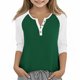 thumbnail image 1 of Cowsor Girl's Casual 3/4 Sleeve T Shirts Button V Neck Tunic Blouses Color Block Basic Tee Tops Loose Fit Summer Shirt, 1 of 6