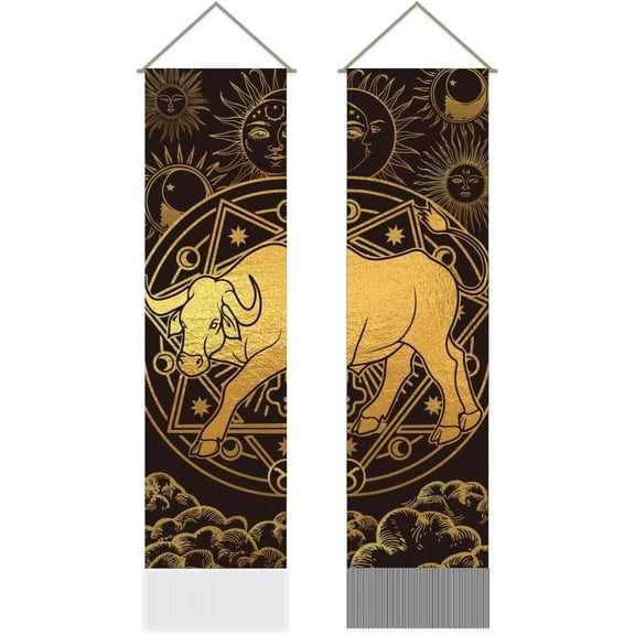 2 Pcs Taurus Tapestry Constellation Long Vertical Tapestry Wall Hanging Sun and Moon Tassel Wall Tapestry Mystic Aesthetic Tapestry for Bedroom and Living Room(45.7x13 Inch)