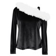 thumbnail image 6 of UQJfacai Girls Off The Shoulder Velvet Tops Kids Faux Fur Trim Long Sleeve Shirts Fall Winter Party Holiday Blouse Tee 4-14 Years, 6 of 7