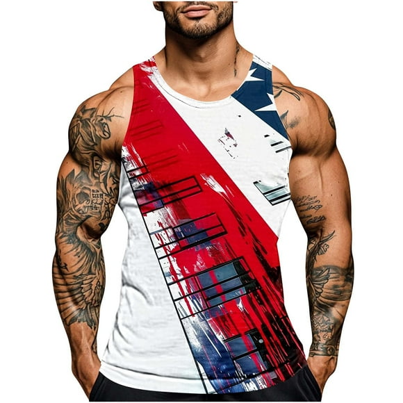 nerohusy 4th of July Tank Mens American Flag Shirts Casual Sleeveless Gym Workout Tanks USA Flag Patriotic T-Shirts 2025 White,XXXL