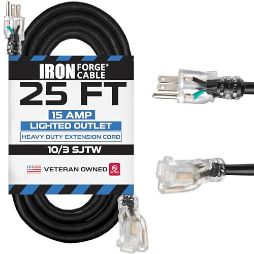 Iron Forge Cable 25 ft Lighted Outdoor Extension Cord - 10/3 SJTW Heavy Duty Black Extension Cable with 3 Prong 15 AMP Grounded Plug for Safety