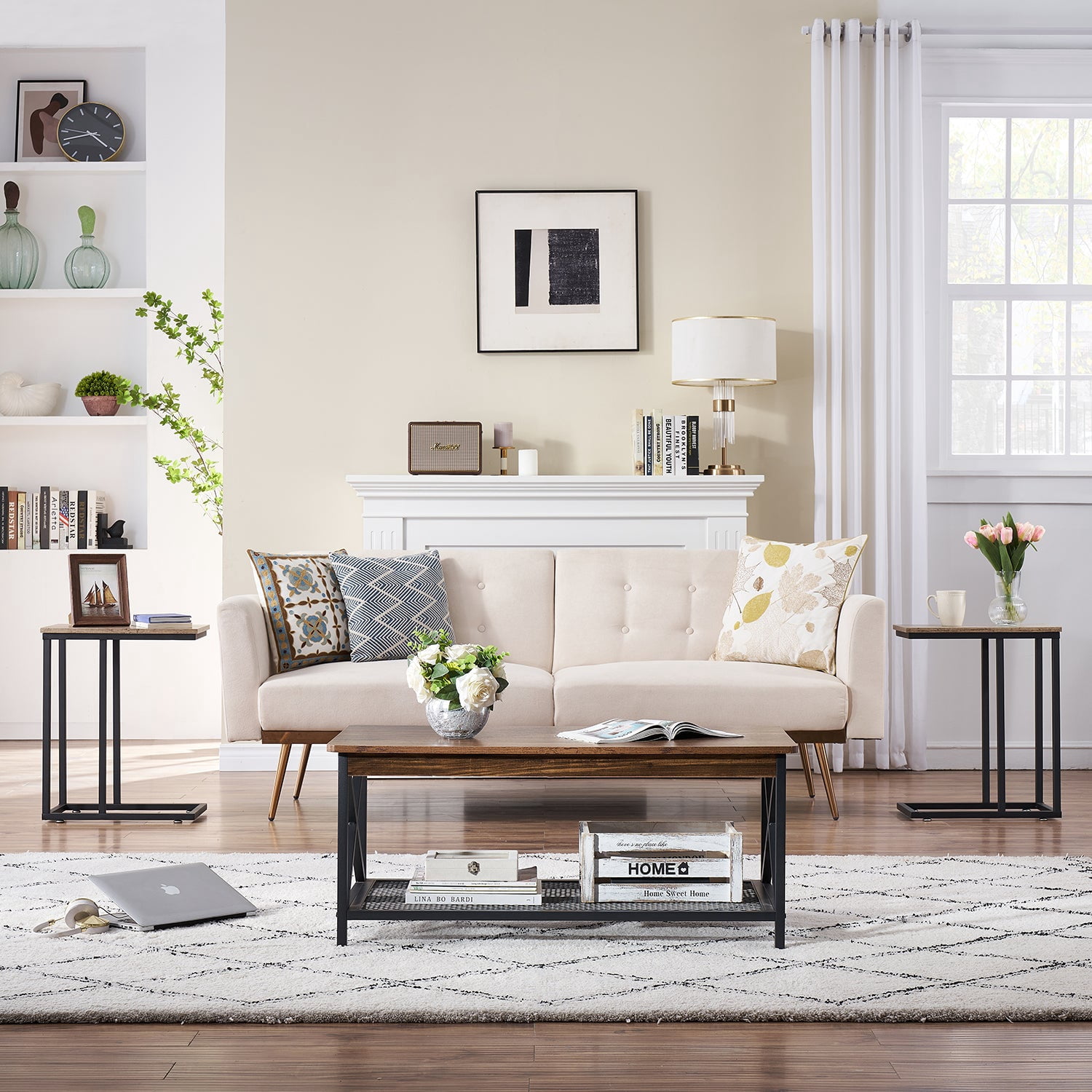 VECELO Set of 2 C-Shaped Sofa Side Table, Small End Table for Living Room, Narrow Bedside/TV Tray Table, Gray