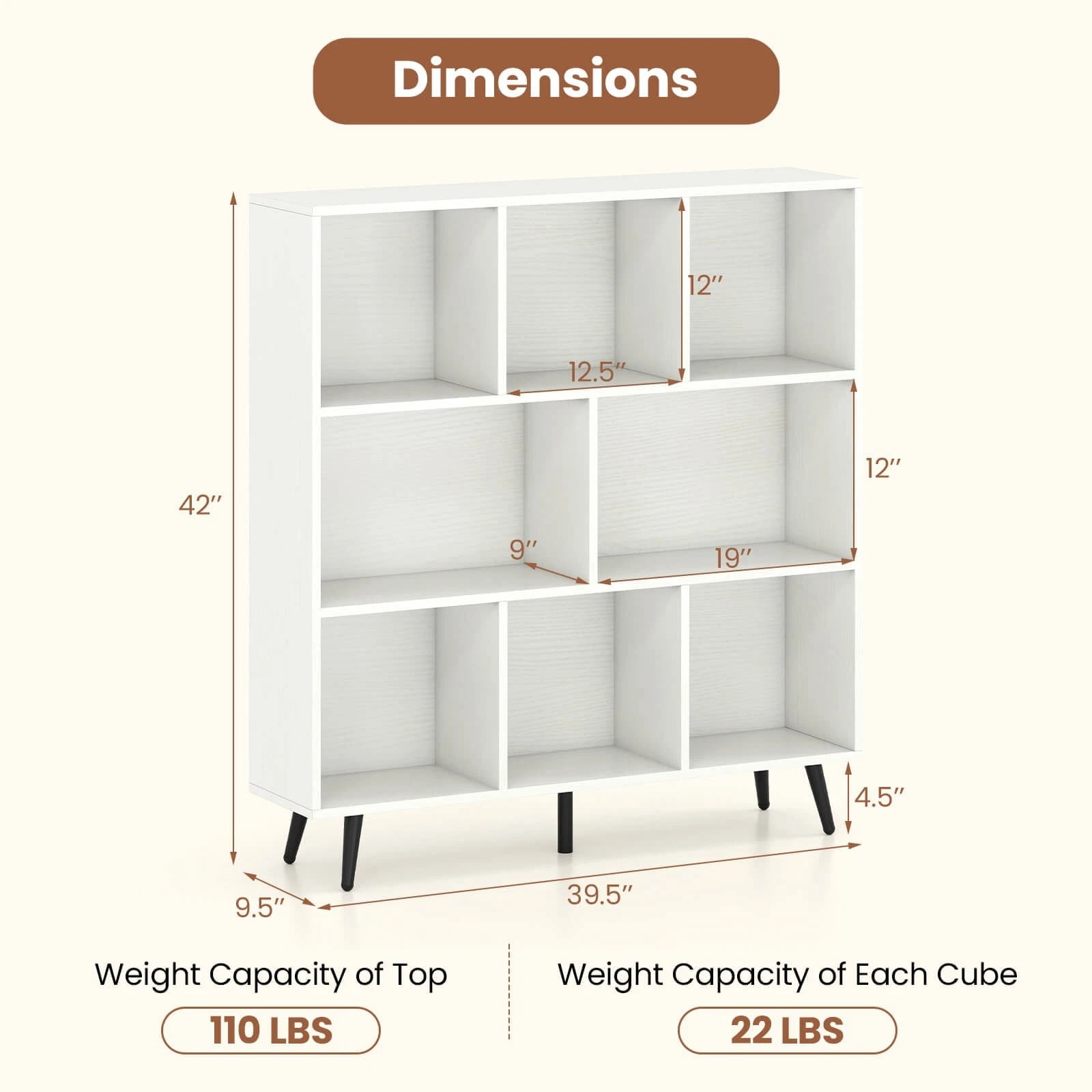 Auranook 8 Cube Bookcase 3-Tier Modern Storage Organizer with 5 Metal Legs Bookshelves