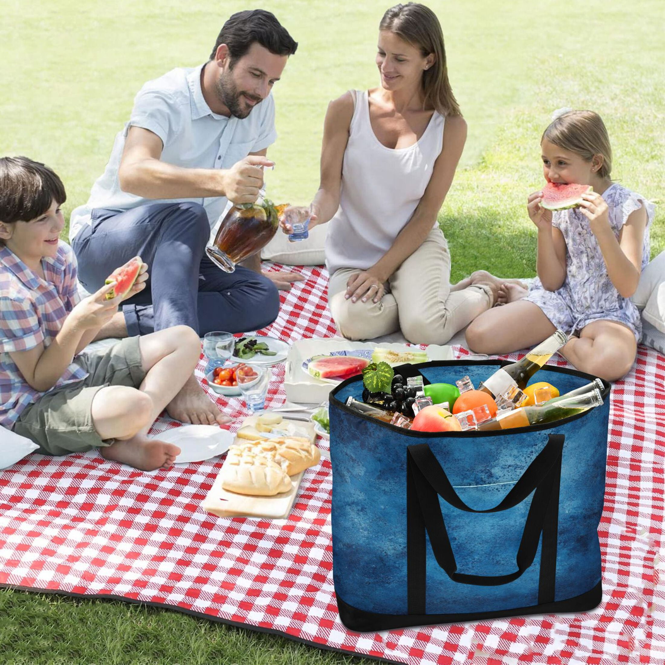Large Hand-held Ice Pack Picnic Bag Insulation and Refrigeration Suitable for Shopping Picnics and Camping Blue Pattern