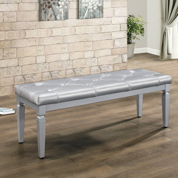 Foam Cushioned Silver Bedroom Bench With Faux Leather Exterior Upholstery