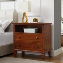 GZXS Rustic Farmhouse Nightstand with Charging Station, 2 Drawers & Open Shelf, Solid Wood Legs, Fluted Pilasters Design - 28.3"L x 15"W x 27.3"H, Walnut