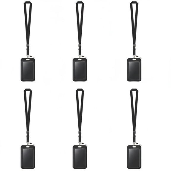 6 Pack Sliding Badge Holder Hard Black Vertical Plastic Card Case Protector with Detachable Lanyard Strap for Office School ID Credit Proximity Key Card Driver’s License and Pass