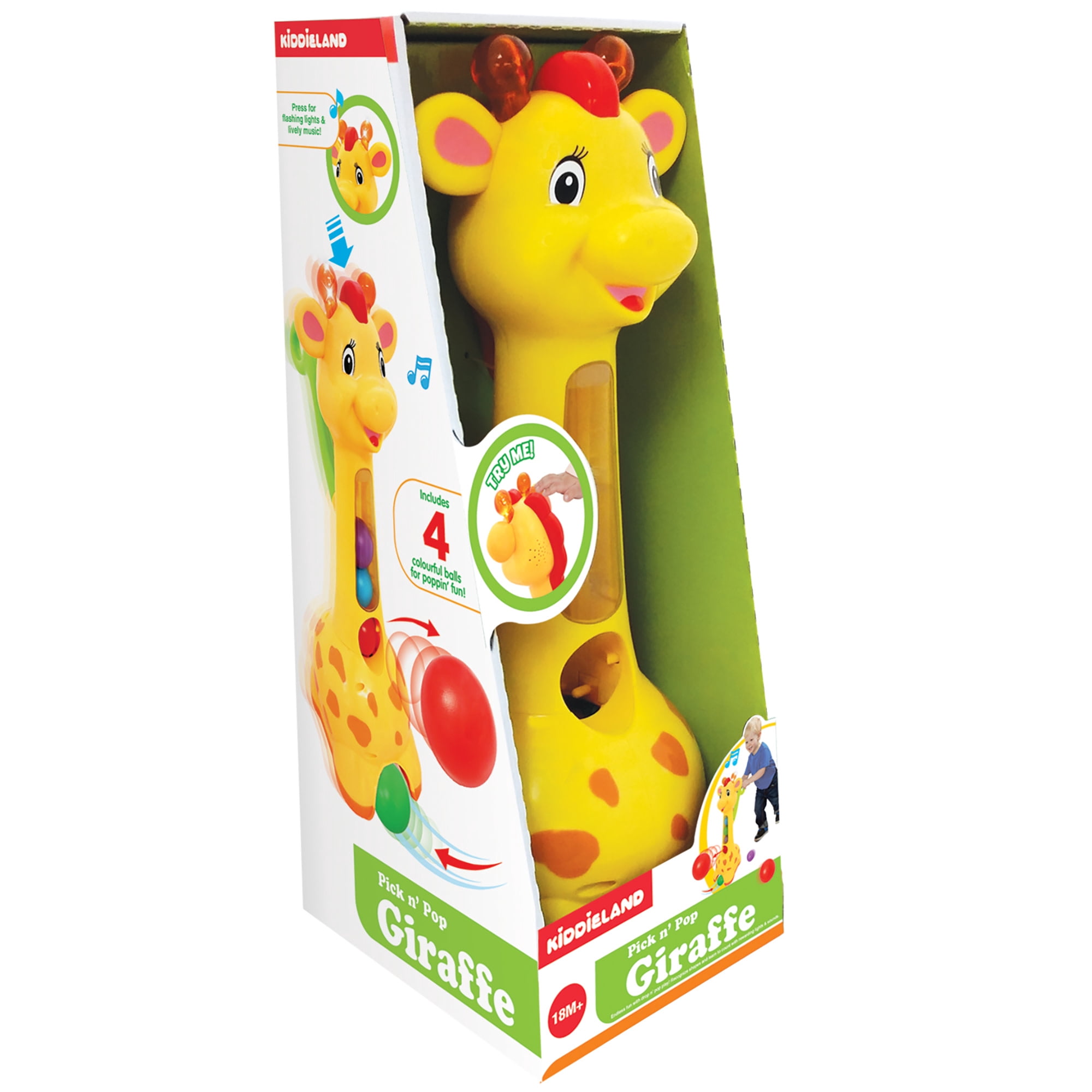 Kiddieland: Pick n' Pop Giraffe - Light & Sounds Interactive Toy Walker, Chasing Play, Blast & Collect Balls, Push & Pull Handle, Kids-Toddlers 18mo+