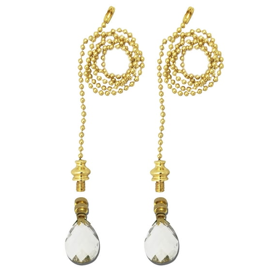 Royal Designs Fan Pull Chain with Medium Swiss Cut Diamond Crystal Finial ? Polished Brass ? Set of 2