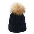 thumbnail image 3 of Winter Knit Hat with Faux Fur Pom Pom, Warm Wool Blend Beanie for Men and Women, Soft Stretchable Cold Weather Hat with Plush Ball, Unisex Outdoor Ski Cap for Autumn and Winter Seasons Navy, 3 of 5