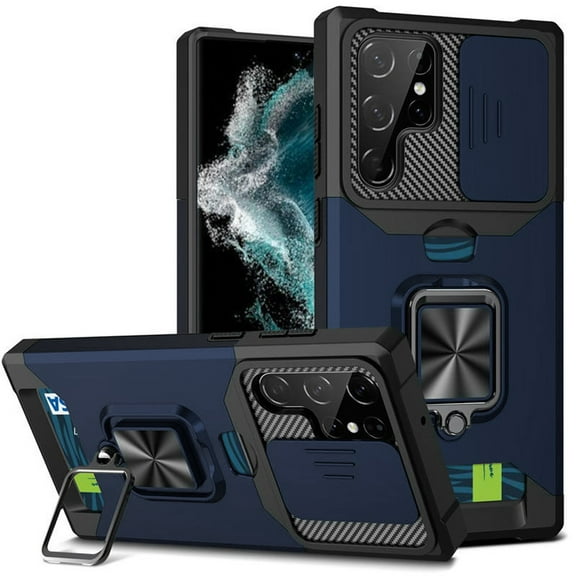 For Samsung S23 Plus Multi-Functional Card Magnetic Ring Stand Hybrid Camera Case Cover - Blue