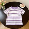 thumbnail image 4 of Kids Striped Short Sleeve T-Shirt Embroidered Letter Crew Neck Tee Classic Horizontal Stripe Summer Casual Basic Top for Boys Girls(Purple,1-2 Years), 4 of 4