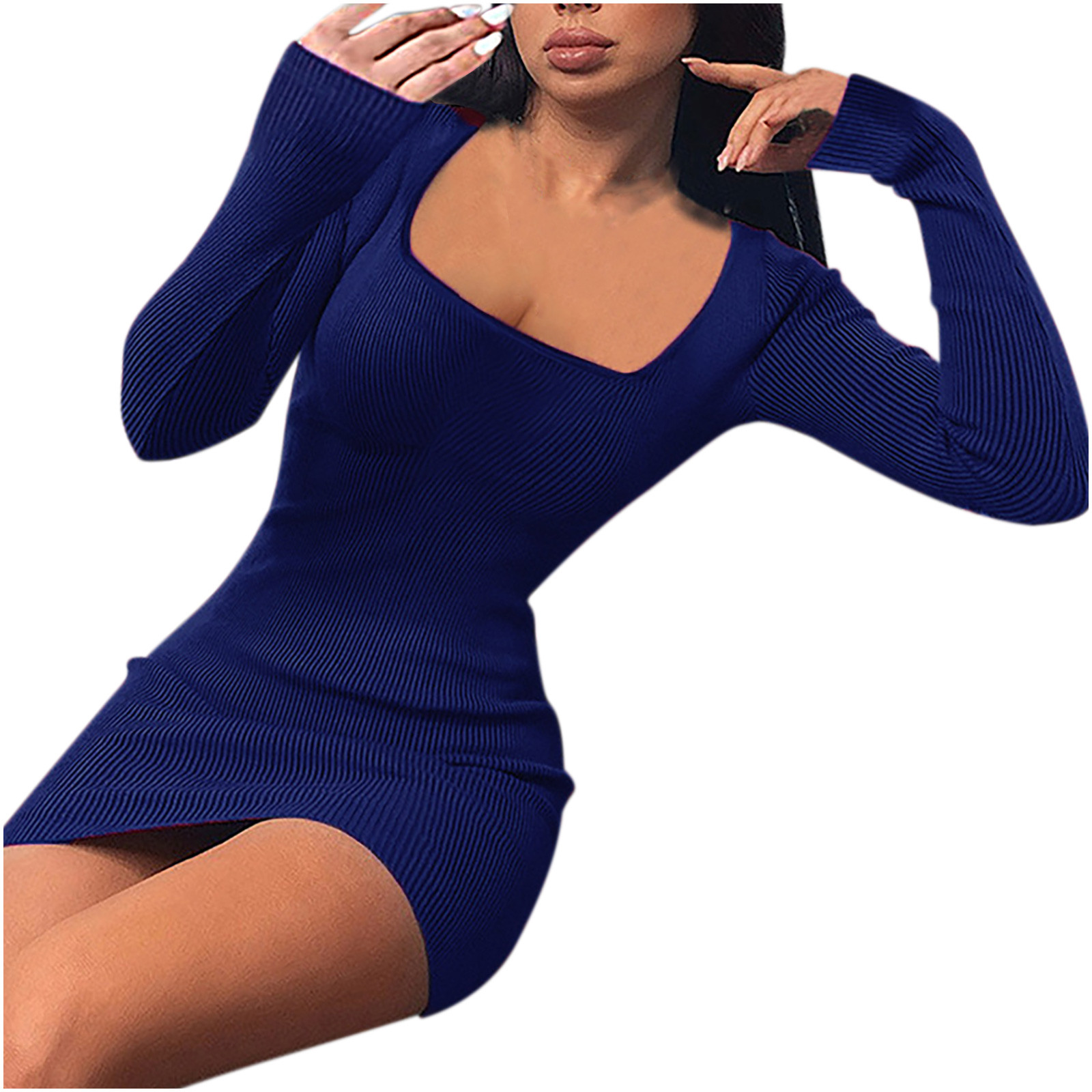 Trendyol Midi Bodycon Dress, Vestito Tubino Aderente Con Scollo A V, Manica Lunga, 97% Poliestere 3% Elastan, Lavaggio A Mano