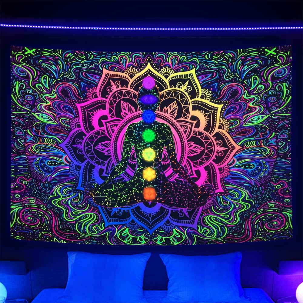 Blacklight Seven Chakra Tapestry UV Reactive Bohemian Mandala Spiritual