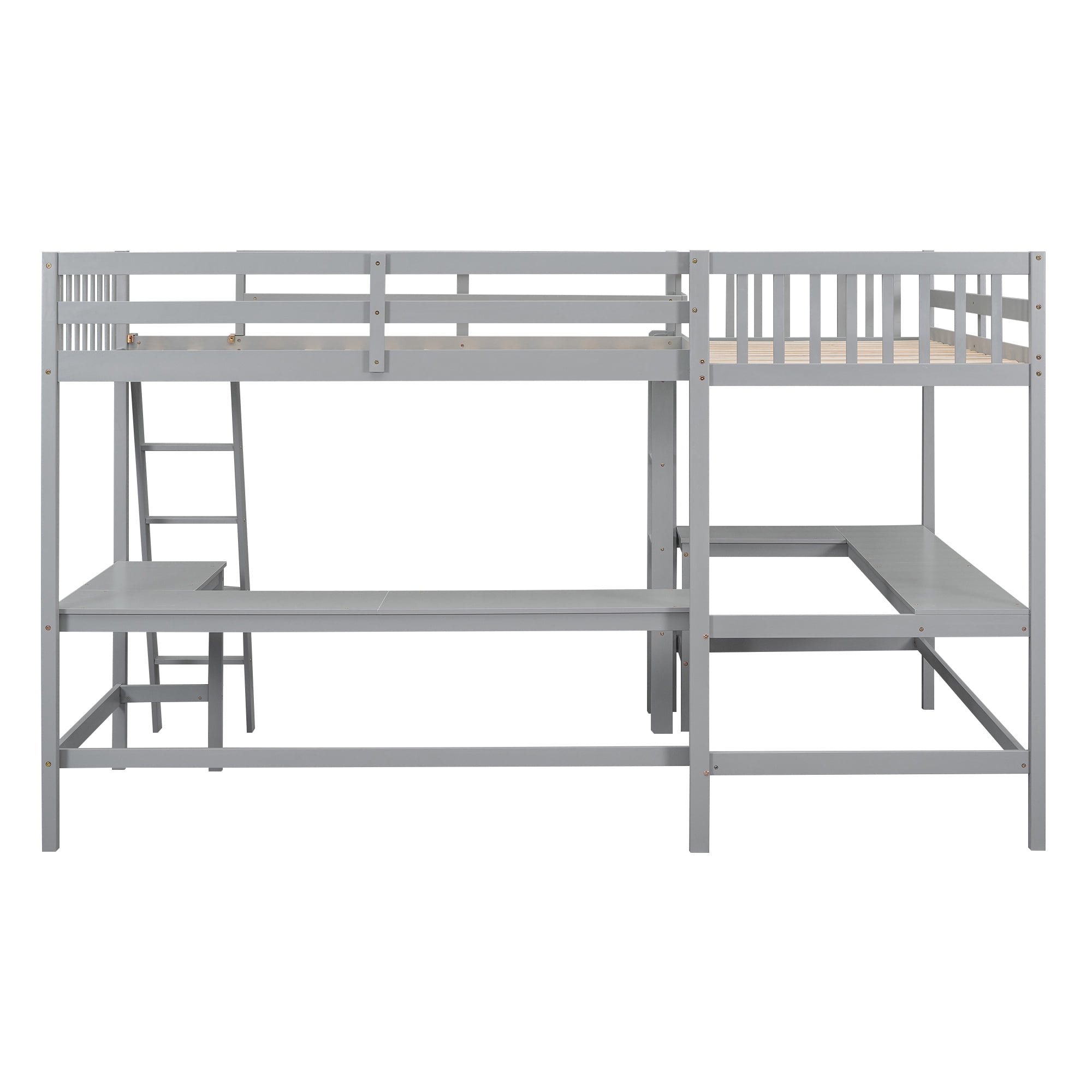 MAYEERTY Wood Twin Size L-Shaped Loft Bed with Ladder and 2 Built-in L-Shaped Desks, Gray